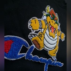Champion X Super Mario Reverse Weave Bowser Kanji Black Hoodie Size L Youth